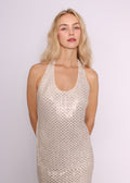 Front close-up of BRISTOWE Corine ivory sequin halter top with a scoop neckline on a model.