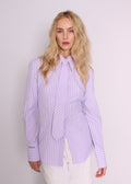 BRISTOWE Jensen Shirt and tie in lilac purple pinstripe fabric worn with white jeans