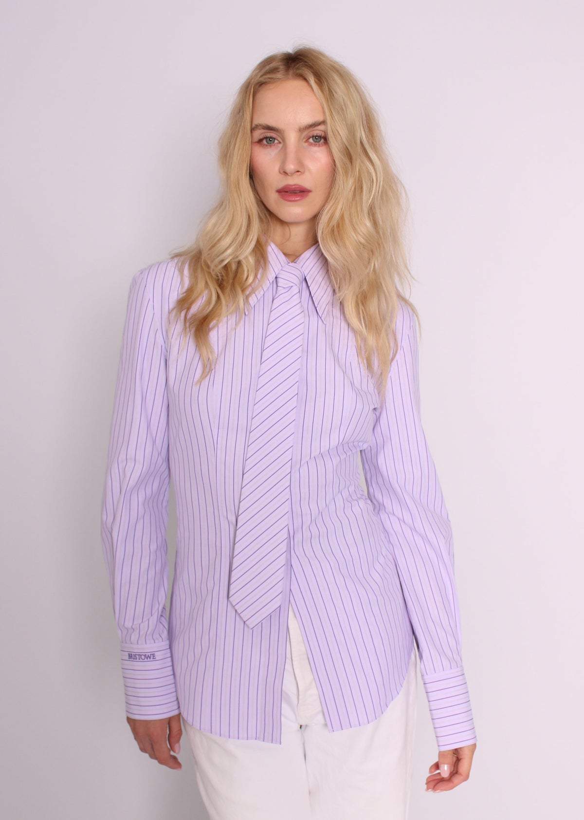 BRISTOWE Jensen Shirt and tie in lilac purple pinstripe fabric worn with white jeans
